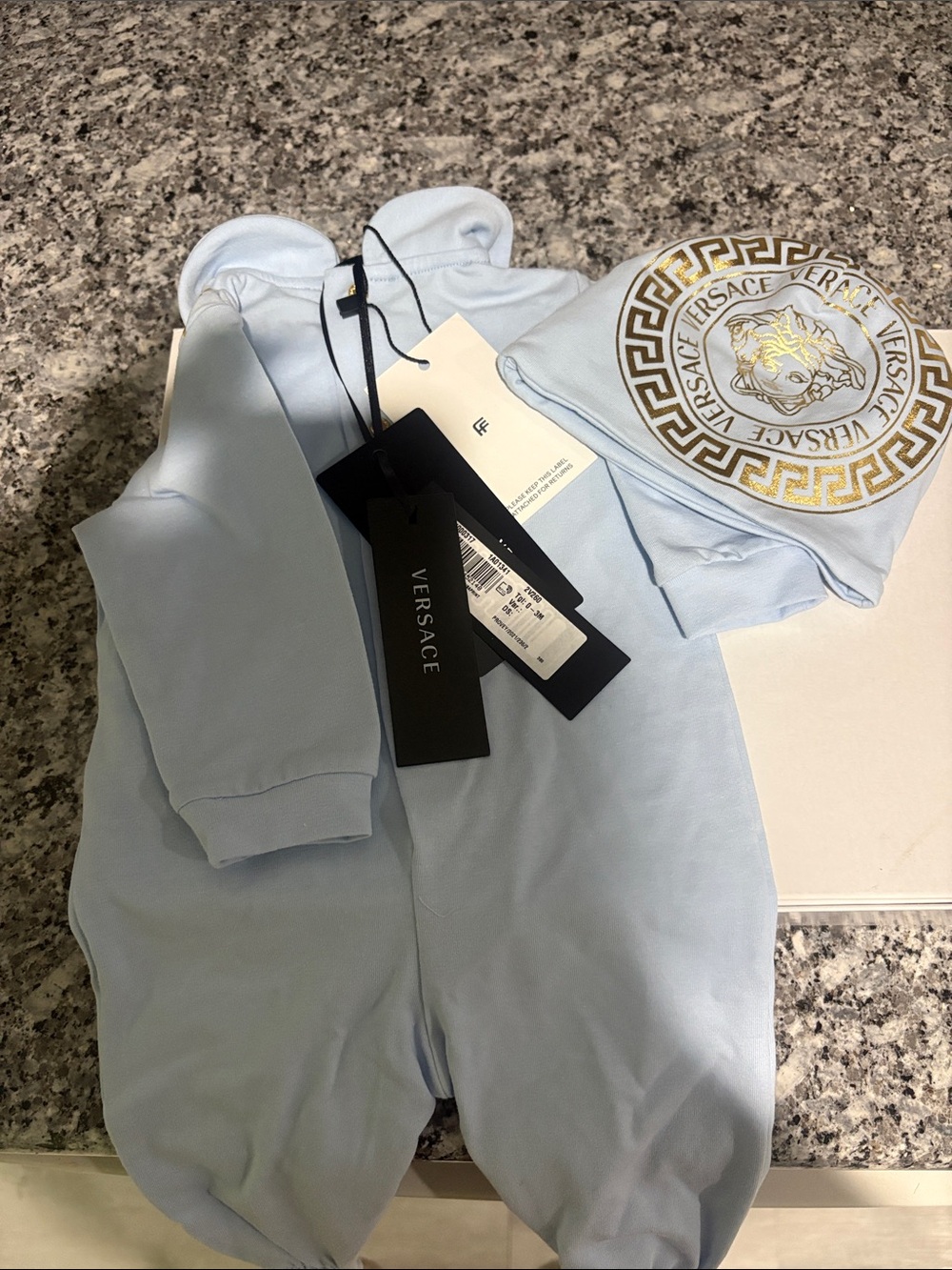 Versace Light Blue Infant Medusa Logo Jumpsuit with Matching Cap